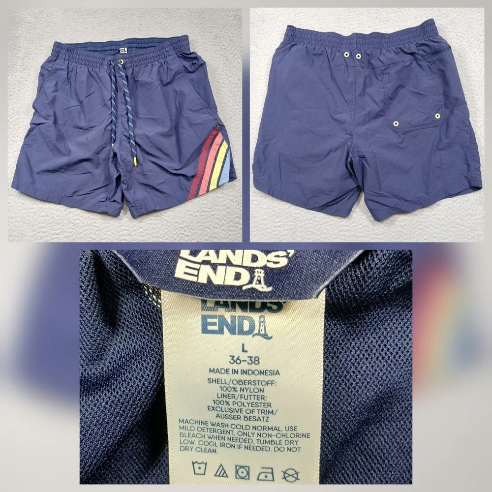 Lands End Mens Swim Trunks Large‎ Blue Elastic Waist Lined Stripe Side